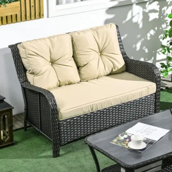 Outsunny Thick Cushioned 3-Seater Outdoor Sofa, Curved Armrests Outdoor Couch image {2}