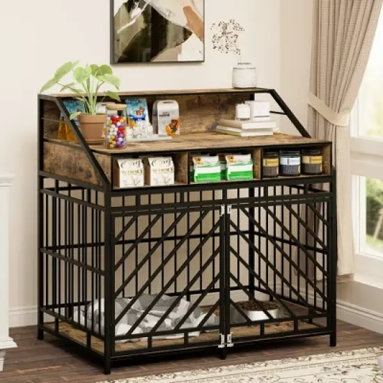 43.3 in Dog Crate Furniture for Large Dogs,with Divider,Double Door Dog Kennel with Three Drawers Storages,Decorative Pet House for Large Medium Dogs image {13}