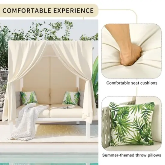 Outdoor Patio Rattan Canopy Daybed Sunbed with Curtain and Woven Rope Arm image {11}