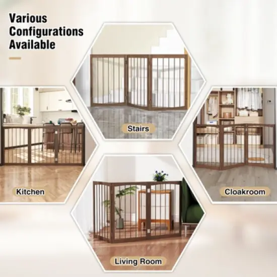 Costway 30&rdquo; Tall Pet Gate Wooden Dog Fence w/180&deg; Rotation 3-Panel Room Divider Barrier for Doorway Hallway Stairs Brown image {5}