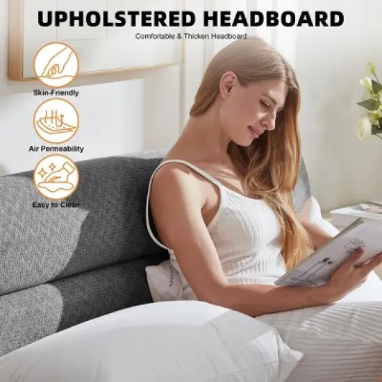 Aukfa 2-in-1 Queen Size Upholstered Platform Bed with Mattress, No Assembly Floor Bed Frame with Headboard, 13.4" Chenille Fabric image {2}