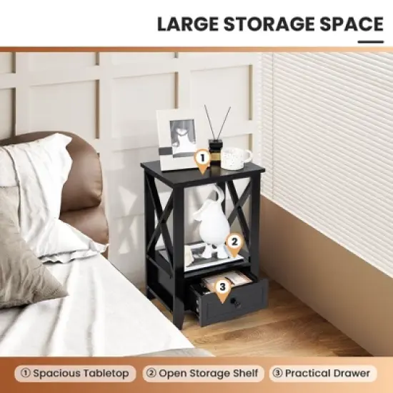 Costway Modern Nightstand with Bottom Drawer Storage Shelf Small Side End Table White\Black image {7}
