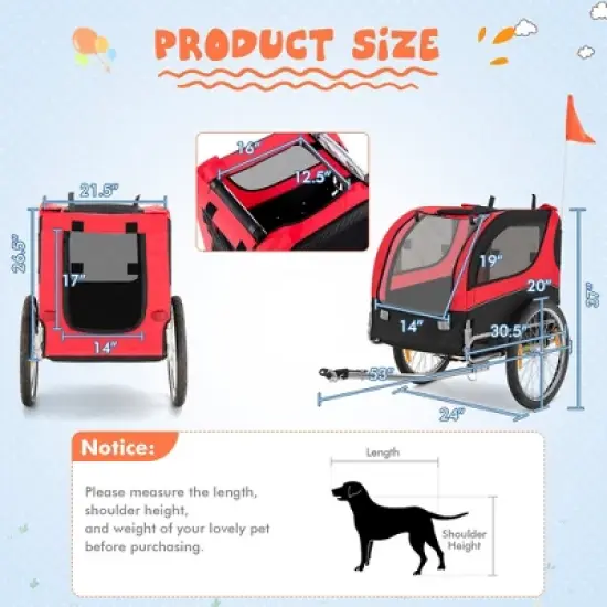 Costway Dog Bike Trailer Foldable Pet Cart with 3 Entrances  for Travel Grey/Red/Blue image {8}
