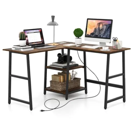 Costway L Shaped Corner Computer Desk Study Table w/Storage Shelves Black/Rustic Brown image {11}