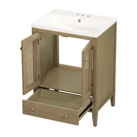 24" Bathroom Vanity with Ceramic Basin, Two Doors and Drawers, Natural - ModernLuxe image {6}