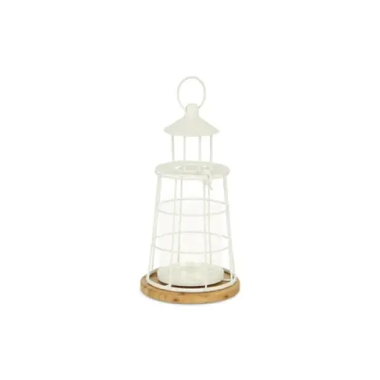 HomeRoots 12" White And Natural Metal And Wood Lighthouse Tabletop Lantern Candle Holder image {4}