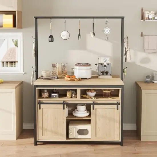 Acekool 42'' Kitchen Island Table with Power Outlets, Sliding Barn Door, Storage Shelves, Hooks, Large Dining Prep Counter, Wood color image {4}