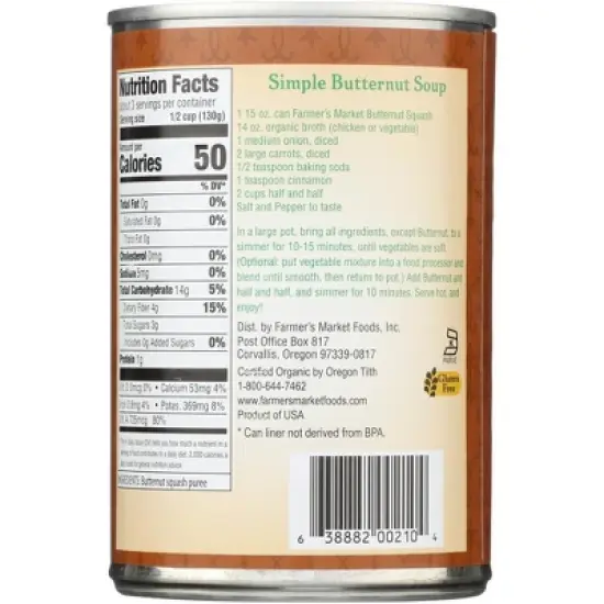 Farmer's Market Organic Butternut Squash - Case of 12/15 oz image {2}