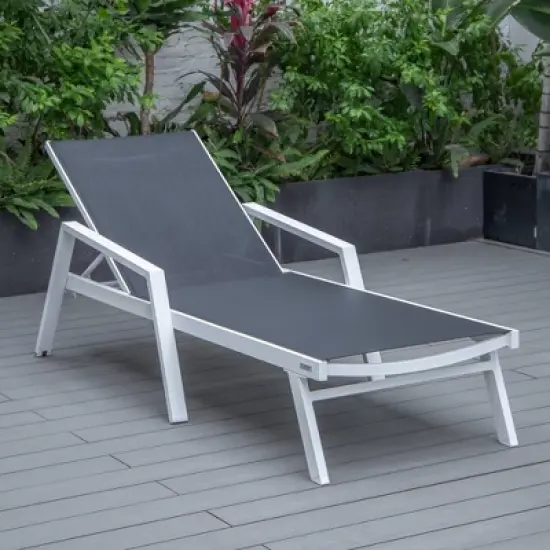 LeisureMod Marlin Patio Sling Chaise Lounge Chair With Arms in White Aluminum image {1}