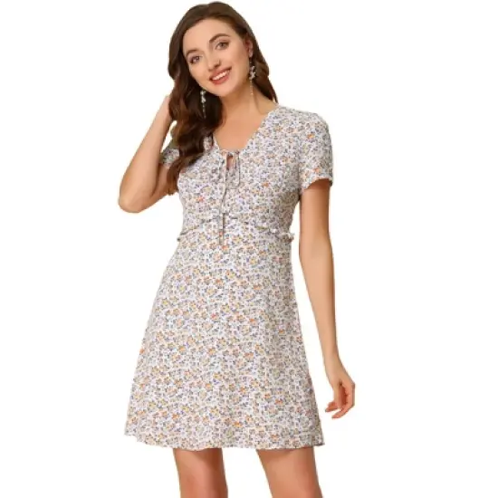 Allegra K Women's Floral Ruffle Trim Tie V Neck Shorts Sleeves Mini Dress image {10}
