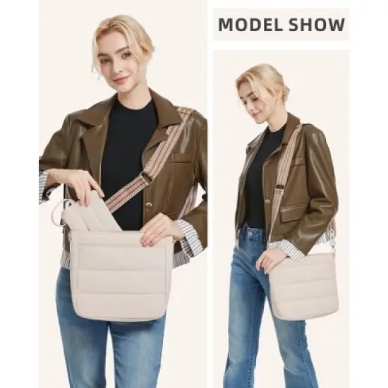 Purses for Women 2PCS Puffer Quilted Crossbody Shoulder Hobo Bags Trendy Ladies Handbag with Coin Wallet 2 Adjustable Straps Beige image {4}