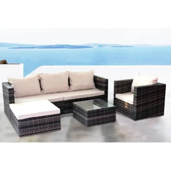 4pc Wicker Patio Sectional Seating Set with Sofa, Arm Chair, Ottoman & Accent Table - Brown/Beige - GODEER image {3}