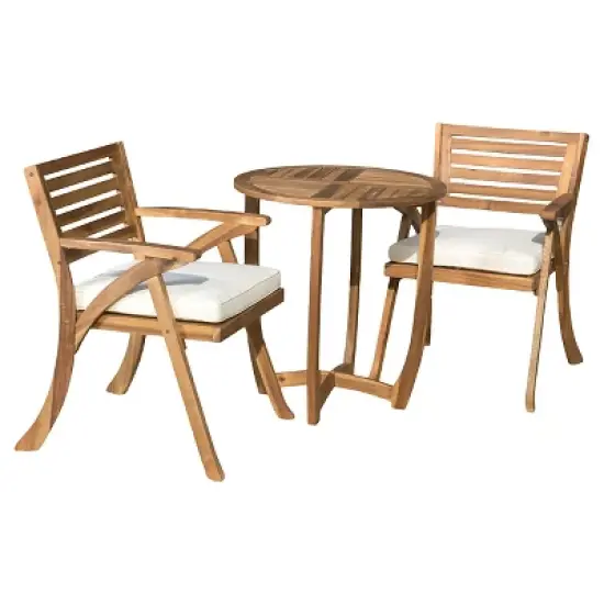 Coronado 3pc Acacia Wood Patio Bistro Set with Cushions - Teak Finish - Christopher Knight Home: Outdoor Dining Furniture with Weather-Resistant Frame image {1}