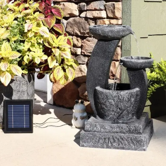 Sunnydaze Outdoor Modern Cascading Bowls Solar Powered Water Fountain with Battery Backup, LED Lights, and Submersible Pump - 28" - Black image {4}