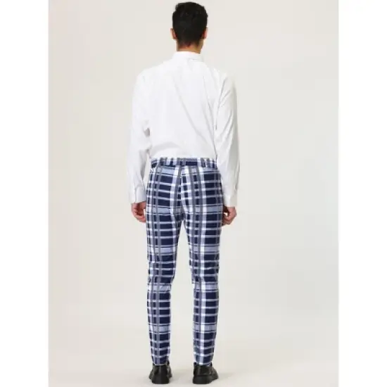 Lars Amadeus Men's Color Block Slim Fit Flat Front Plaid Dress Pants image {4}