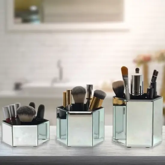 OnDisplay Tressa Set of 3 Hexagon Mirrored Trays for Makeup/Cosmetics, Brushes, Office, Jewelry and Accessories image {1}