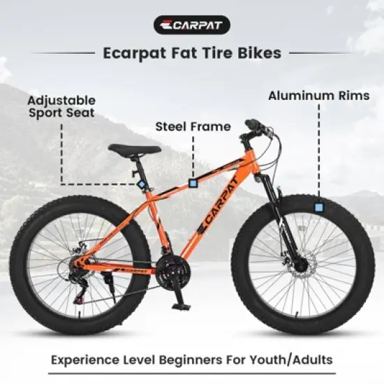 INFURNIC Bicycles 26 Inch Fat Tire Mountain Bike with Shimano 21 Speeds and Dual Disc Brakes for Adventure Seekers, Orange, 74"*25"*41" image {2}