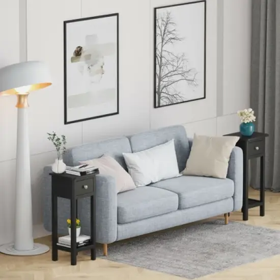 Costway 2PCS 2 Tier End Bedside Sofa Side Table with Drawer Shelf Acacia Wood Nightstand Black image {3}