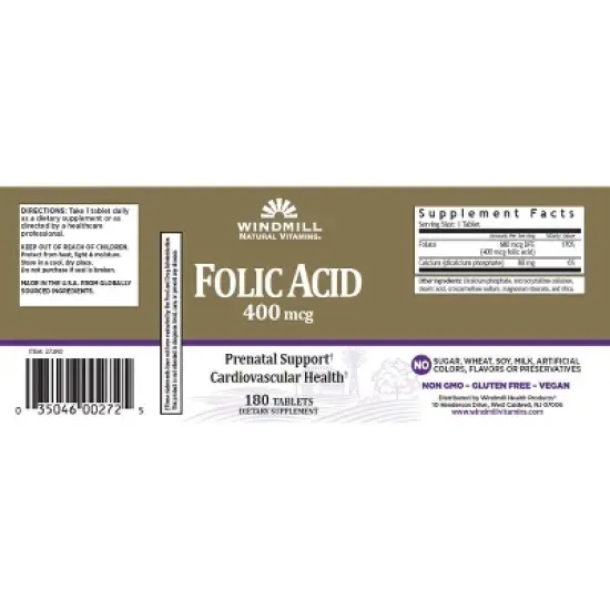 Windmill Folic Acid 400 mcg - 180 Tablets image {1}