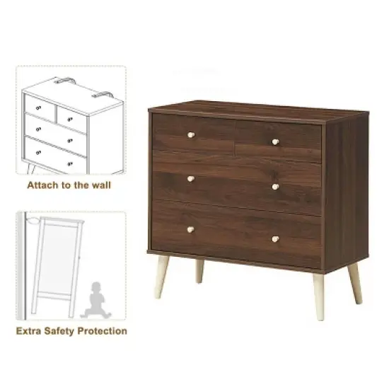 Costway 4-Drawer Dresser Chest Cabinet Storage Organizer Rubber Leg W/Rail Walnut Finish image {6}