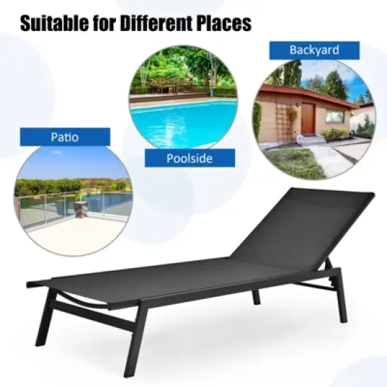 Tangkula Patio Chaise Lounger with 6-Postion Adjustable Backrest and Breathable Fabric Black image {3}