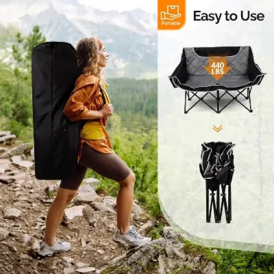 VINGLI Oversized Double Camping Chair for Adult，Loveseat Camping Chairs 2 Person Heavy Duty Lawn Chairs with Cup Hold for Beach/Outdoor image {3}