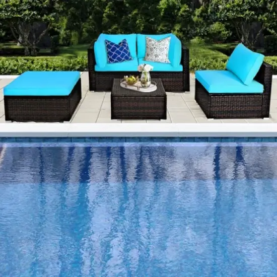 Tangkula 5PCS Cushioned Rattan Patio Conversation Set Outdoor Furniture Set w/ Ottoman image {3}