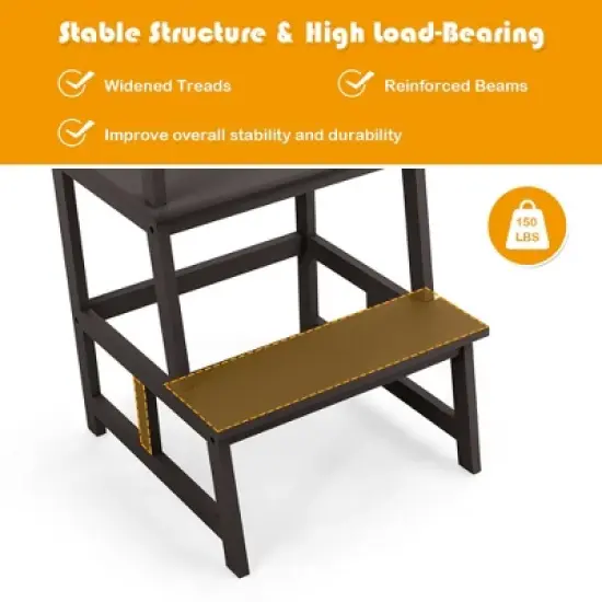 Costway Kids Kitchen Step Stool Wooden Toddler Stand Helper w/ Safety Rail Gray\Brown image {6}