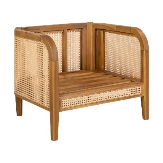 Christopher Knight Home Maciej Patio Rustic Acacia Wood Upholstered Club Chair with Rattan-Wrapped Frame, Teak/Beige image {5}