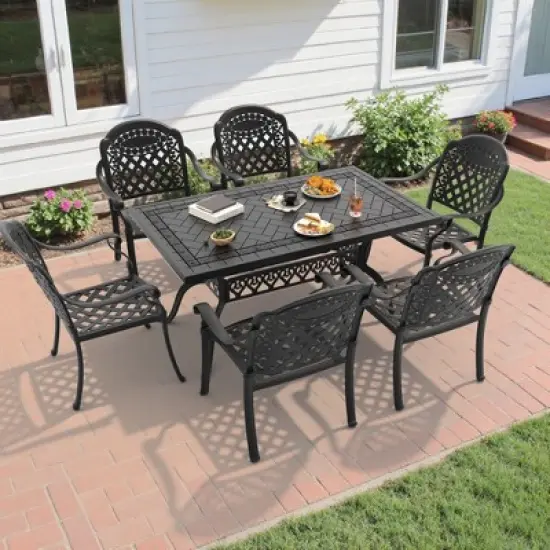 7-Piece Cast Aluminum Outdoor Dining Set: Rectangle Table, Stackable Chairs & Red Cushions - All-Weather Patio Furniture for Your Backyard image {1}
