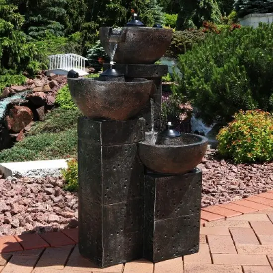 Sunnydaze 34"H Electric Polyresin 3-Tier Burning Bowls Outdoor Water Fountain with Real Flame Torch Accents image {1}