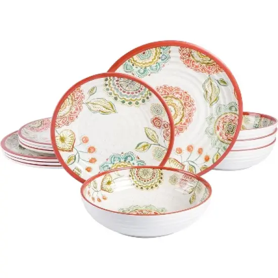 Laurie Gates Brick Floral Ripple 12 Piece Melamine Dinnerware Set in Red image {5}