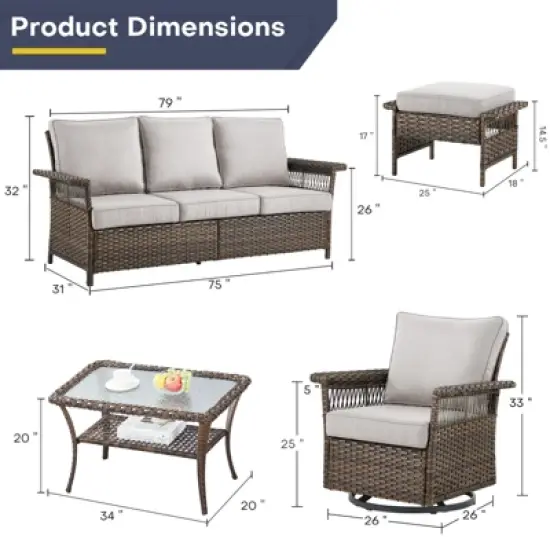 Belord 6 Piece All Weather Wicker Patio Furniture Set, Outdoor Conversation Set with Patio Sofa Couch Swivel Patio Chairs Coffee Table and Ottomans image {15}