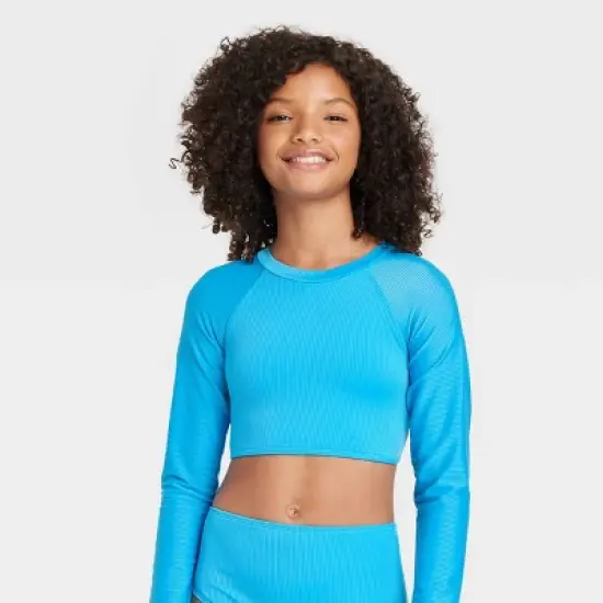 Girls' Cyber Long Sleeve Bikini Top - art class&trade; Turquoise Blue image {3}
