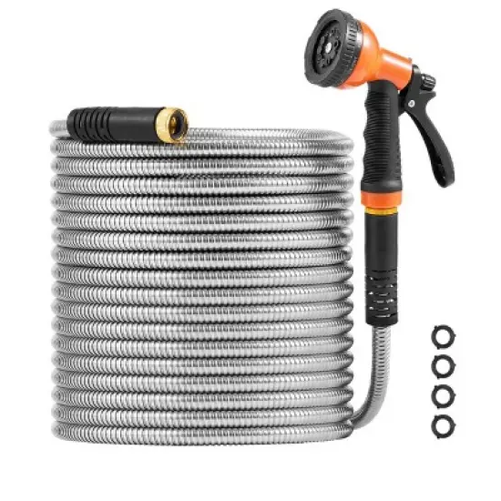 VEVOR Metal Garden Hose 50 ft, Rust Proof Stainless Steel Water Hose, Heavy Duty Backyard Hose with 10 Function Nozzle, Silver image {8}