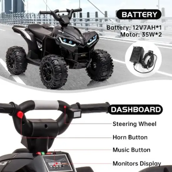 12V Kids Ride-On ATV Quad, Electric 4-Wheeler with 35W Dual Motors, 2 Control Modes, Music, Horn, Off-Road Car Toy for Boys & Girls image {2}
