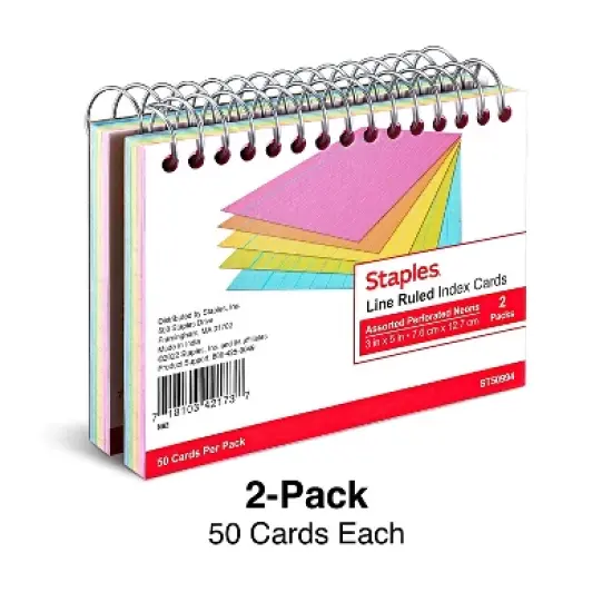 Staples 3" x 5" Line Ruled Assorted Neon Spiral-Bound Index Cards 2/PK (50994) TR50994 image {1}
