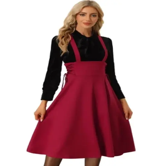 Allegra K Women's Brace High Waisted Lace Up Midi Suspender Skirt image {4}