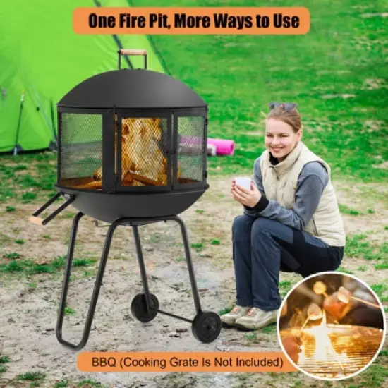 Tangkula Portable Fire Pit w/ Wheels 28" Wood Burning Fire Pit w/ Log Grate Poker Rolling Patio Fireplace Bonfire Firepit for Outdoor Entertaining image {3}