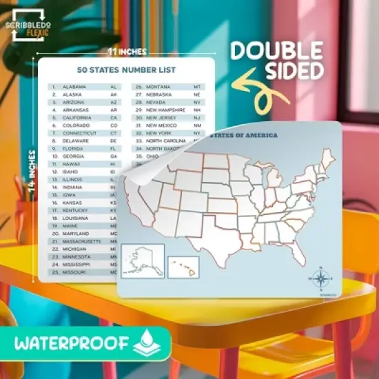 SCRIBBLEDO US Map 11"x14" Dry Erase Sheets Pack of 10 &ndash; Double-Sided with State Names on Back image {6}