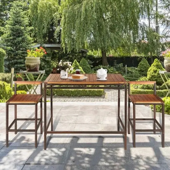 Costway 3 PCS Patio Rattan Wicker Bar wood Table Chair Outdoor image {6}