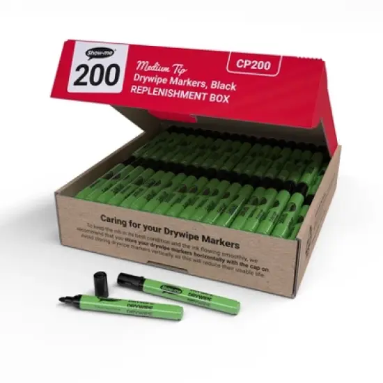 Show-me&reg; Medium Tip Slim Barrel Dry Erase Markers, Black, Box of 200 image {2}