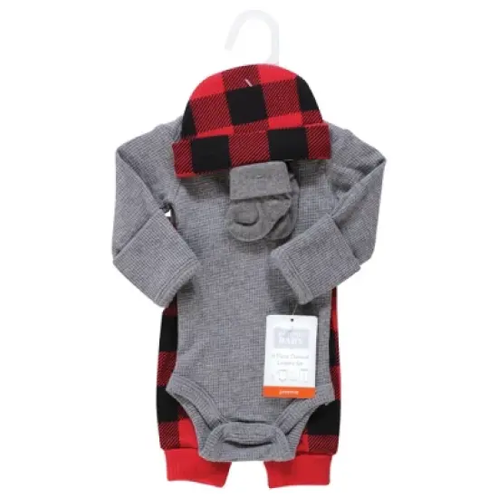 Hudson Baby Boys Thermal Preemie Layette Set 4pc Long Sleeve Outfit, Buffalo Plaid, Preemie image {1}