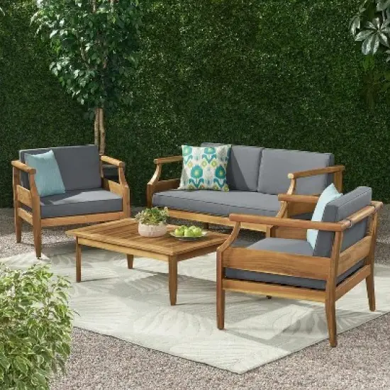 FIONECA Outdoor 4-Seater Chat Set with Cushions, Acacia Wood Loveseat, Coffee Table & 2 Club Chairs, Patio Conversation Set image {15}