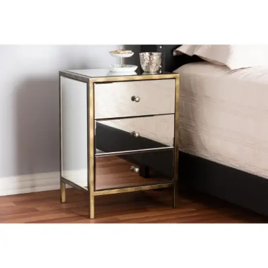 Nouria Mirrored 3 Drawer Nightstand Bedside Table Silver - BaxtonStudio image {3}