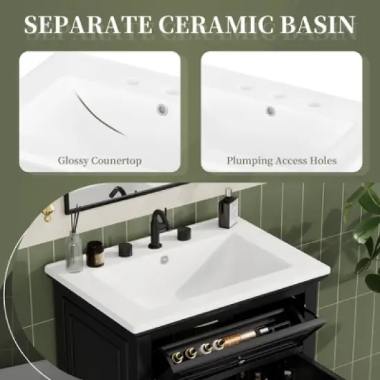 24"W Bathroom Vanity with Ceramic Sink, Bathroom Storage Cabinet with Flip Drawer, White/Black/Light Green/Blue Gray - ModernLuxe image {2}