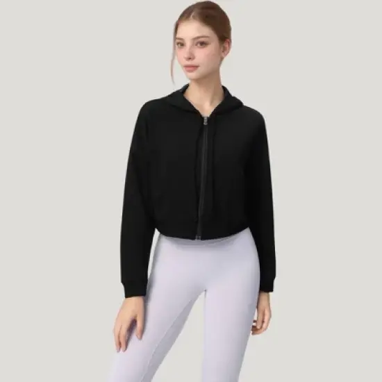 Anna-Kaci Active Women's Zip Front Cropped Hoodie with Long Sleeves and Drawstring Hood image {2}