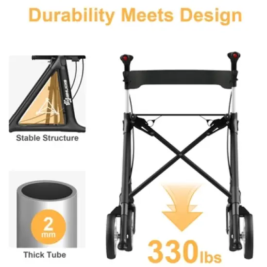 Whlicks Foldable Rollator Walkers with Seat for Seniors,  Adjustable Handles Height, 330 lbs Weight Capacity, Lightweight Rolling Walker, Black image {4}