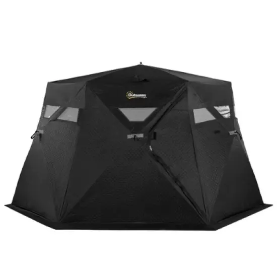 Outsunny 4 Person Insulated Ice Fishing Shelter 360-Degree View, Pop-Up Portable Ice Fishing Tent with Carry Bag, Two Doors and Anchors, Black image {3}