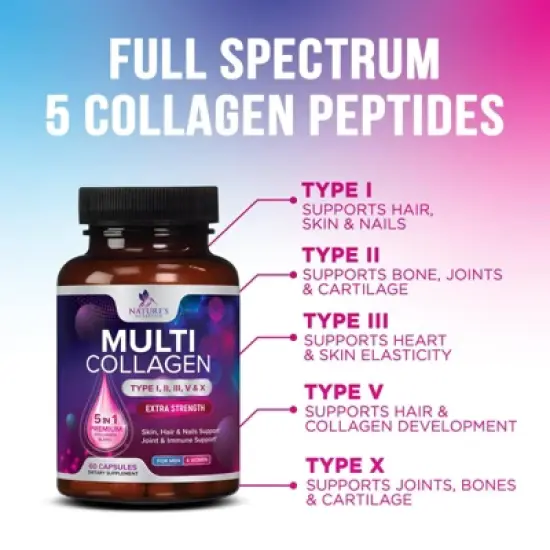 Multi Collagen Supplement, Type I, II, III, V, X Collagen Pills, Collagen Supplements, Hair, Skin, Nail & Joint - 60 Capsules By Nature's Nutrition image {2}